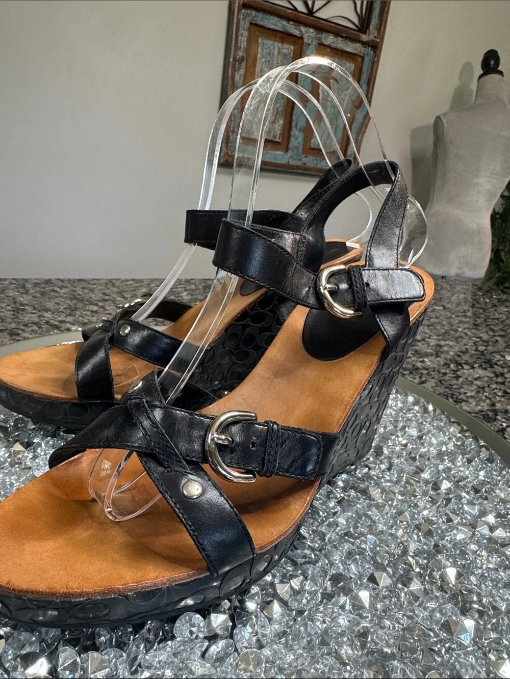 Coach Elize leather Black Logo-Embossed Wedge Sandals with Buckle Detail